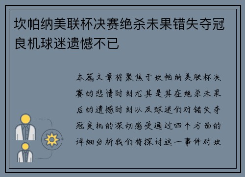 坎帕纳美联杯决赛绝杀未果错失夺冠良机球迷遗憾不已